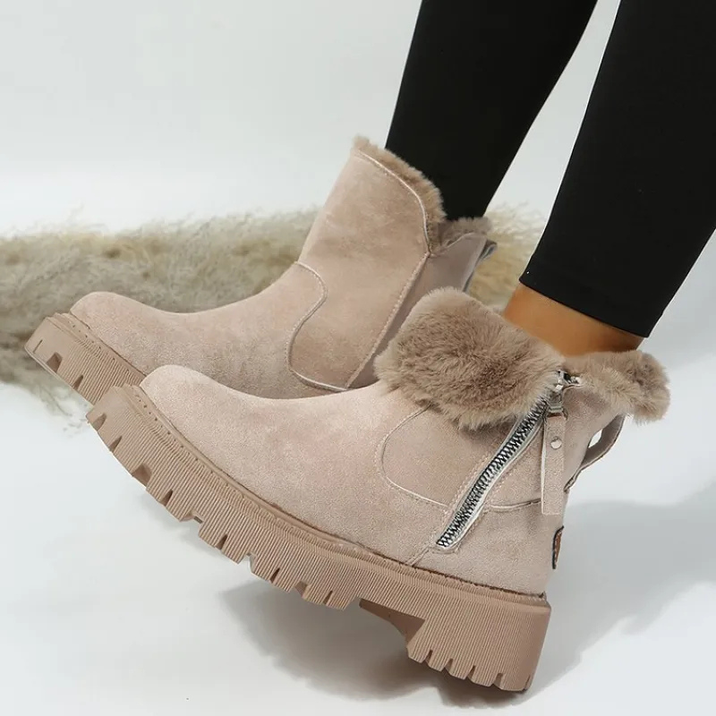 Ankle Boots in Beige mit Kunstfellbesatz und robuster Profilsohle