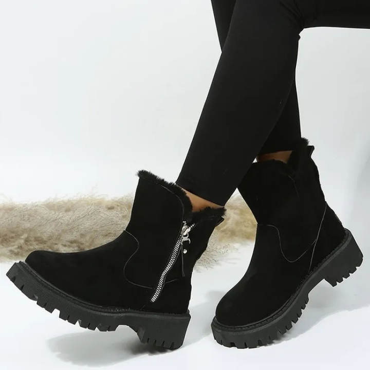 Schwarze Stiefeletten mit Fellkragen und griffiger Blockabsatz-Sohle