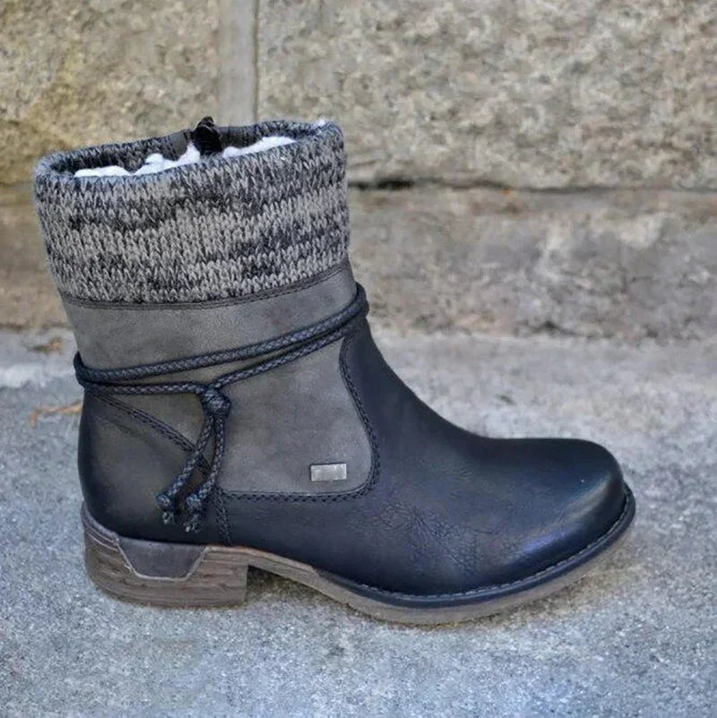 Schwarze Damenstiefelette mit grau meliertem Strickschaft und Kordelschmuck