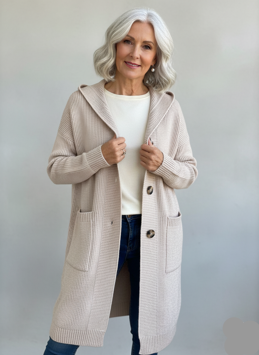 Strickjacke mit Kapuze in Beige, offen getragen über cremefarbenem Pullover