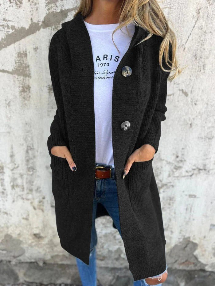 Schwarze Strickjacke mit Kapuze und Rippstrick-Taschen im Freizeit-Look