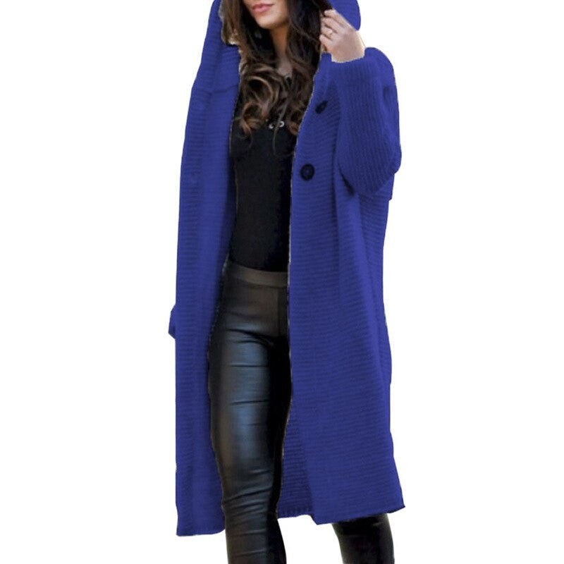 Blaue lange Cardigan-Jacke mit Kapuze, Rippstrick und Taschen