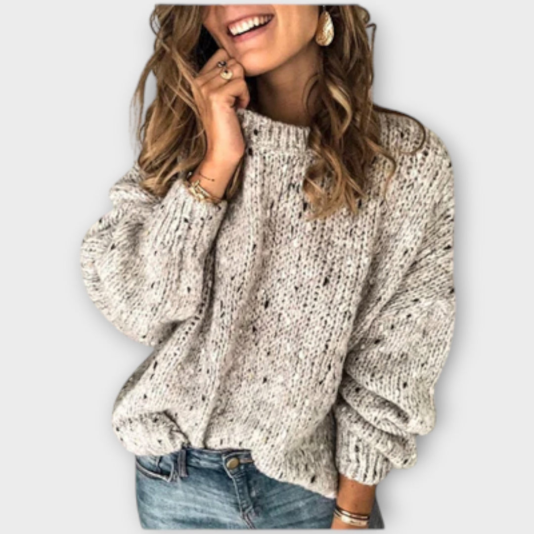 Grober Strickpullover in Beige meliert mit Stehkragen und Ballonärmeln