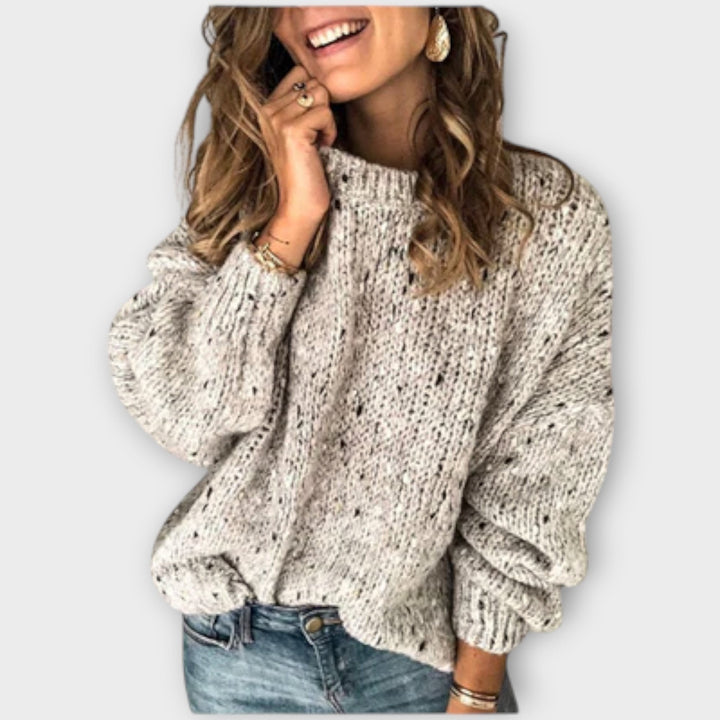 Grober Strickpullover in Beige meliert mit Stehkragen und Ballonärmeln