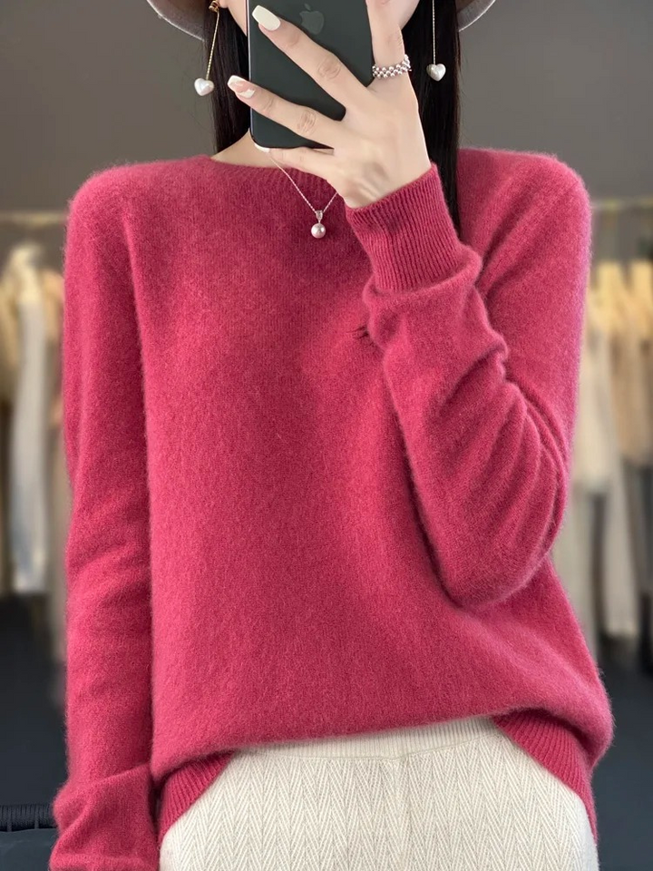 Pinkfarbener Strickpullover mit Rundhalsausschnitt und weichem Feinstrick
