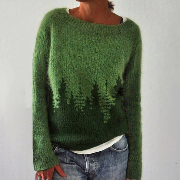 Strickpullover grün mit Tannenwald-Motiv und gerippten Bündchen