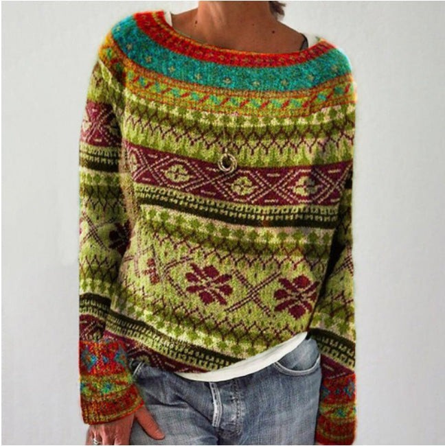 Strickpullover bunt mit norwegischem Fair-Isle-Muster und Rundhalsausschnitt