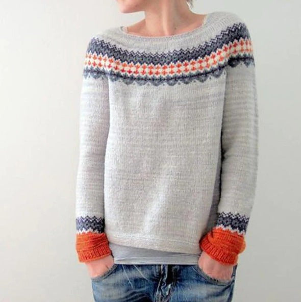 Strickpullover grau mit Fair-Isle-Muster in Orange und Rundhals