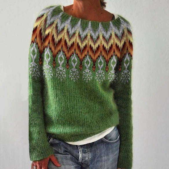 Strickpullover grün mit Fair-Isle-Muster in Rostbraun und Grau