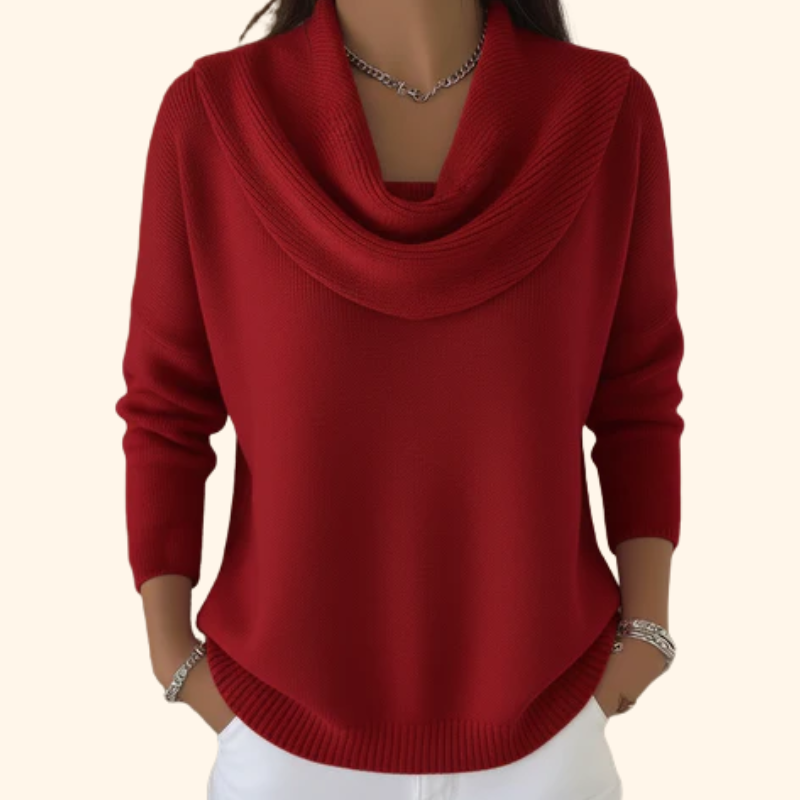 Pullover in Rot mit Wasserfall-Ausschnitt und Rippbündchen, langärmelig