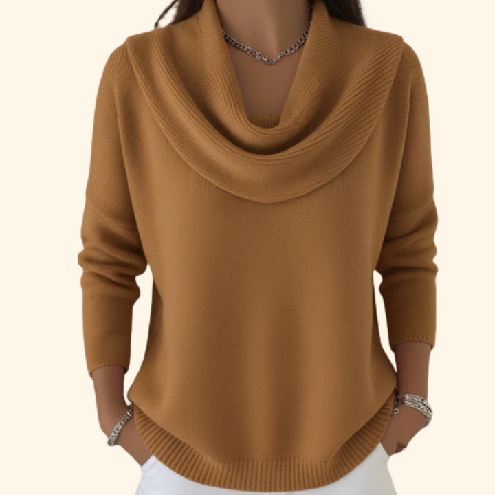 Strickpullover in Karamellbraun mit Wasserfall-Kragen und ungleichmäßigem Saum