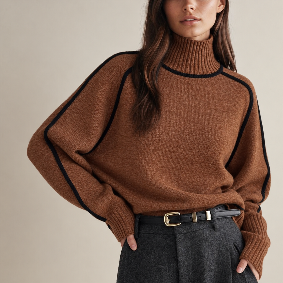 Karamellbrauner Strickpullover mit Rollkragen und schwarzer Kontrastnaht