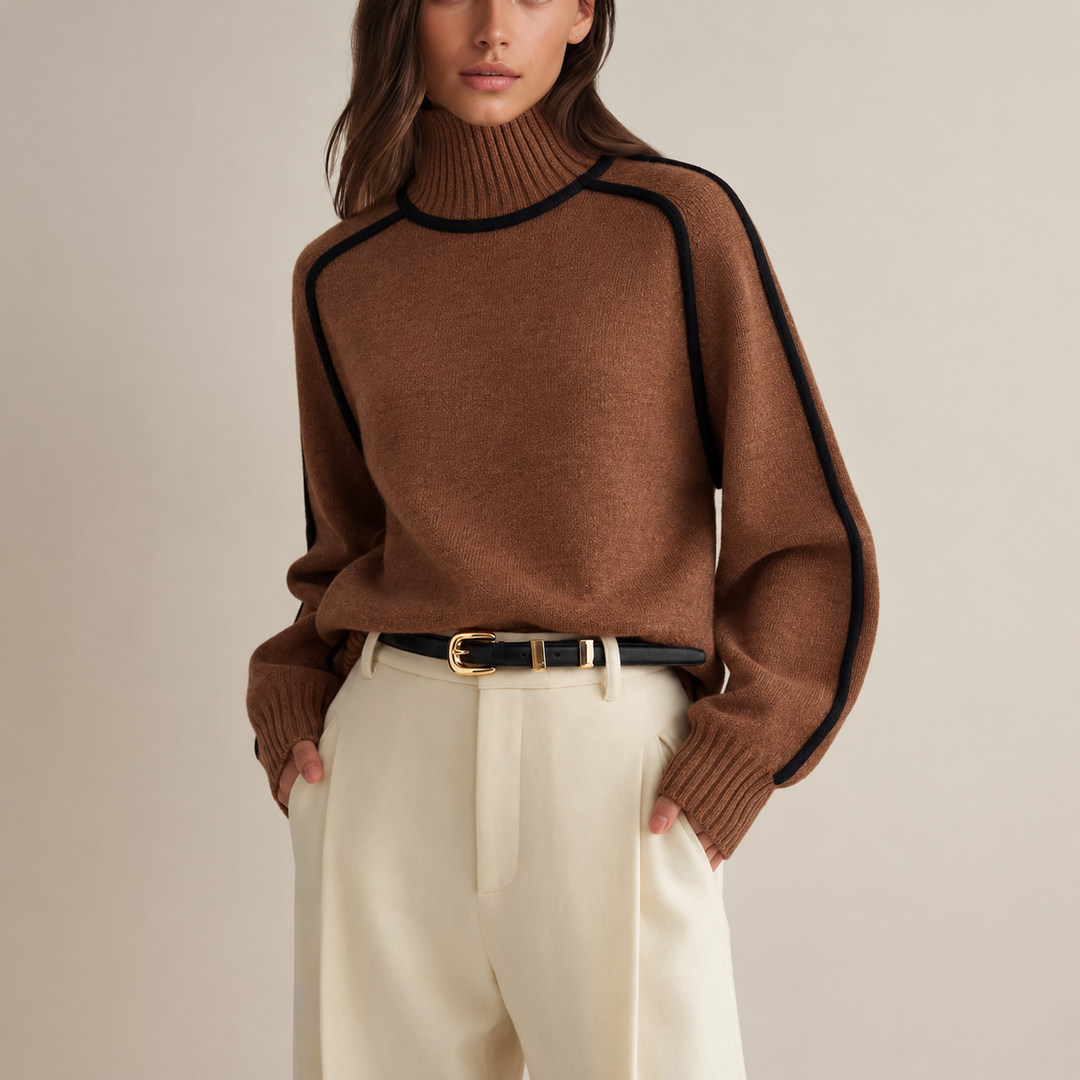 Brauner Oversize-Rollkragenpullover kombiniert mit cremefarbener Anzughose
