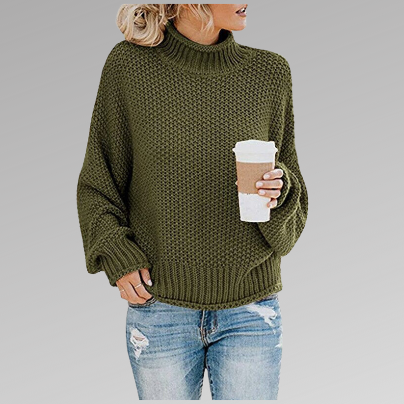 Grober Strickpullover in Olivgrün mit Rollkragen und legerem Schnitt