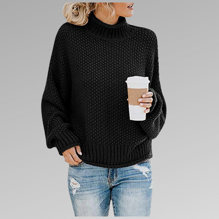 Schwarzer Oversize Pullover mit Stehkragen und Rippbündchen am Saum
