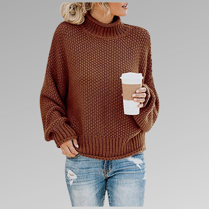 Rostbrauner Strickpullover mit Stehkragen und weiten Ärmeln