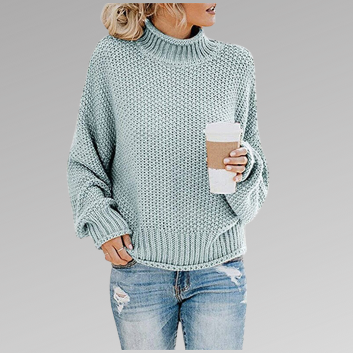 Mintgrüner Strickpullover mit Stehkragen und Ballonärmeln