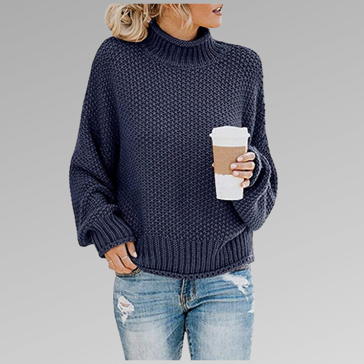 Dunkelblauer Oversize Pullover mit Stehkragen und grobem Strickmuster