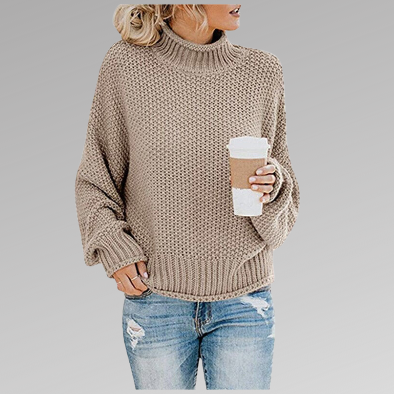 Beigefarbener Oversize Strickpullover mit Stehkragen und Rippbündchen