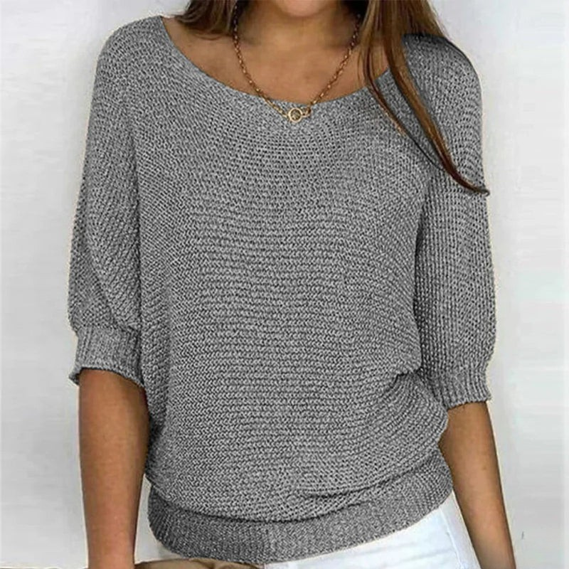 Grauer Oversize Strickpullover mit lockerem Rundhalsausschnitt