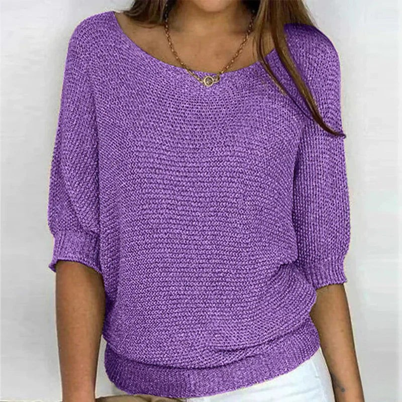 Lila Strickpullover mit Fledermausärmeln und Rippbündchen