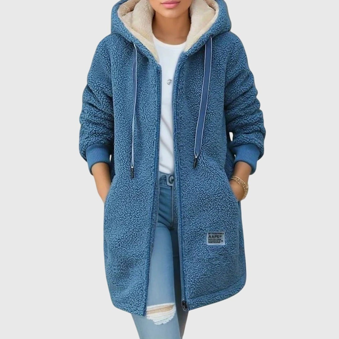 Langer Teddyfleece-Mantel in Blau mit Kapuze und Kontrastfutter, Reißverschluss