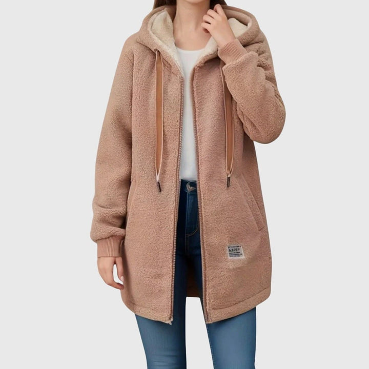 Oversize Teddyfleece-Mantel in Beige mit Kapuze und Ledertaschen-Kordelzug