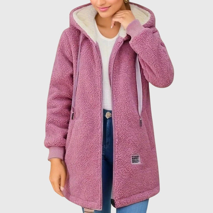 Langer Fleece-Mantel in Altrosa mit Kapuze und weichem Kontrastfutter