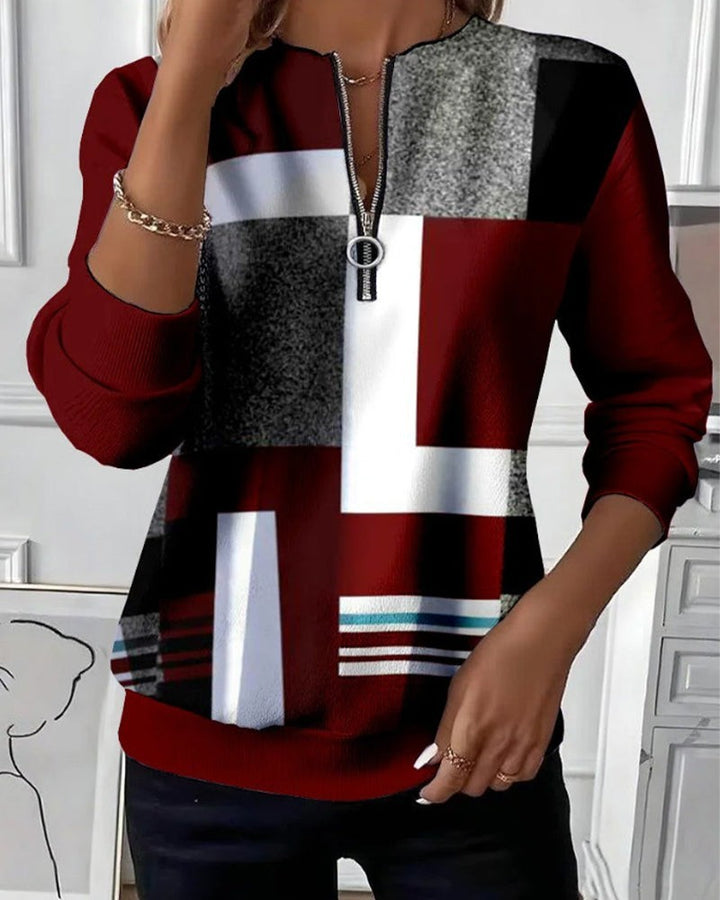 Troyer Pullover Damen in Rot mit geometrischem Colorblock-Muster und Reißverschluss