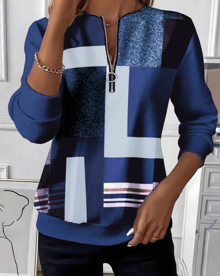 Troyer Pullover Damen in Blau mit geometrischem Colorblock-Muster und Reißverschluss