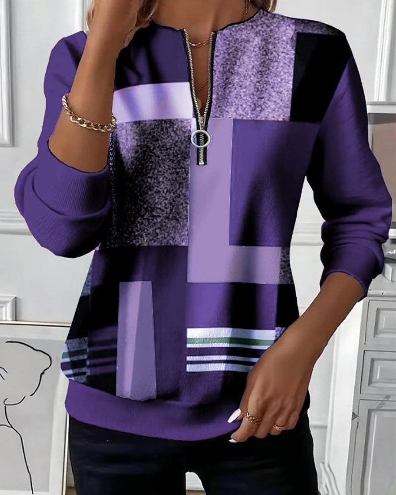Troyer Pullover Damen in Violett mit geometrischem Colorblock-Muster und Reißverschluss