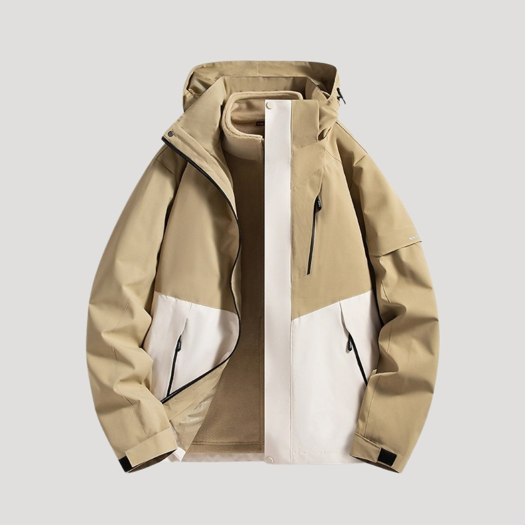 Beige-weiße Windbreaker Jacke mit Kapuze und verstellbaren Ärmelbündchen