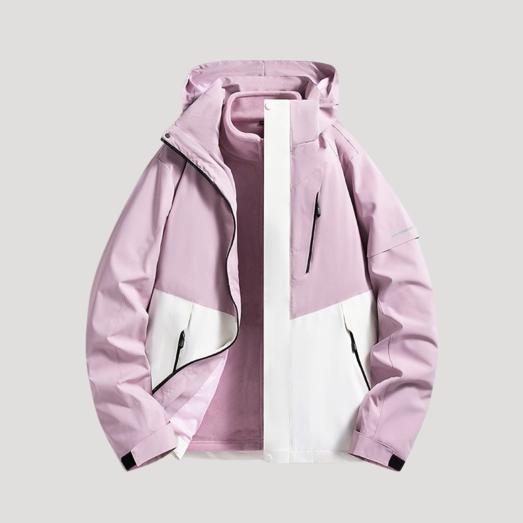 Rosa-weiße Windbreaker Jacke mit Kapuze und Reißverschlusstaschen
