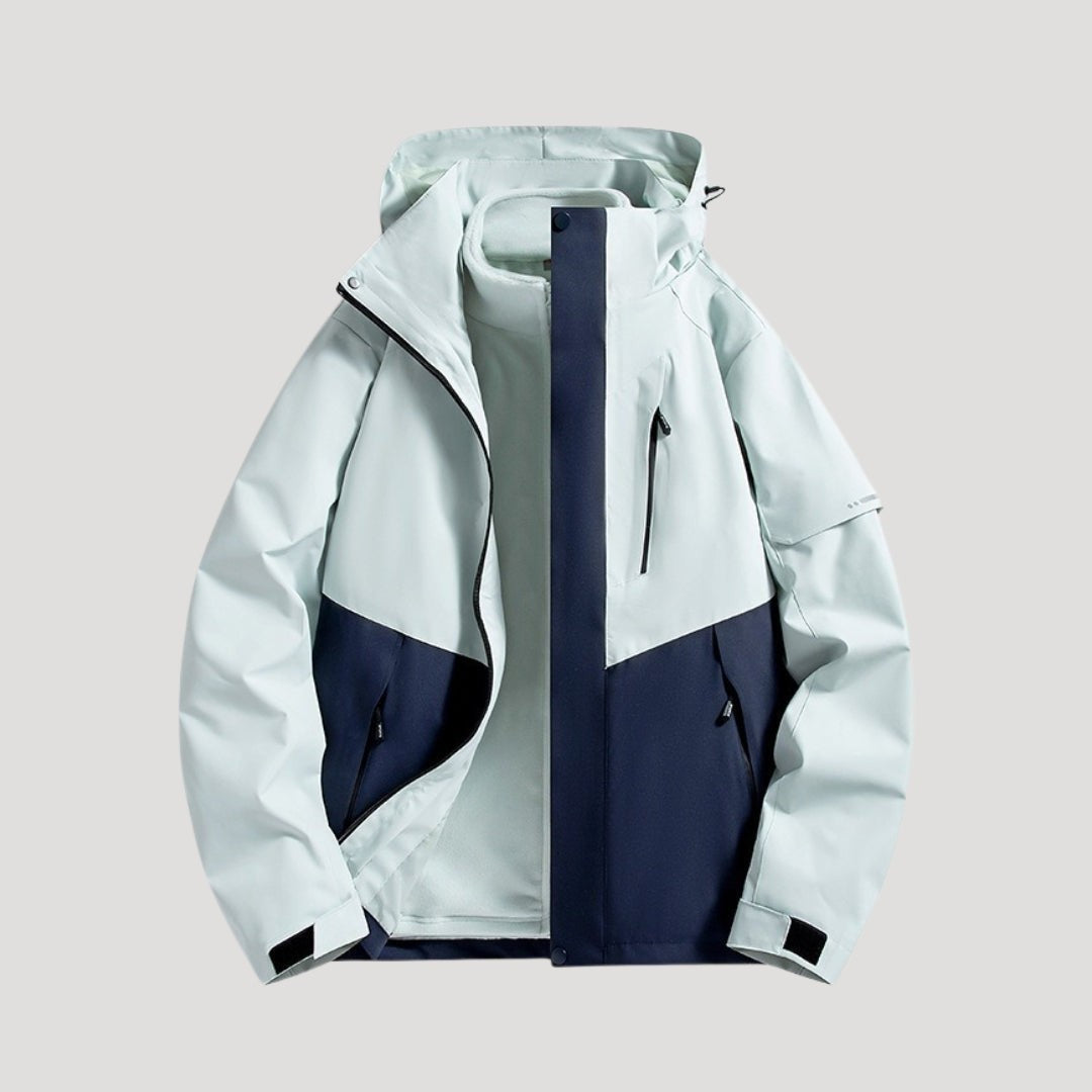 Mintgrün-marineblaue Funktionsjacke mit Kapuze und Fleece-Innenfutter
