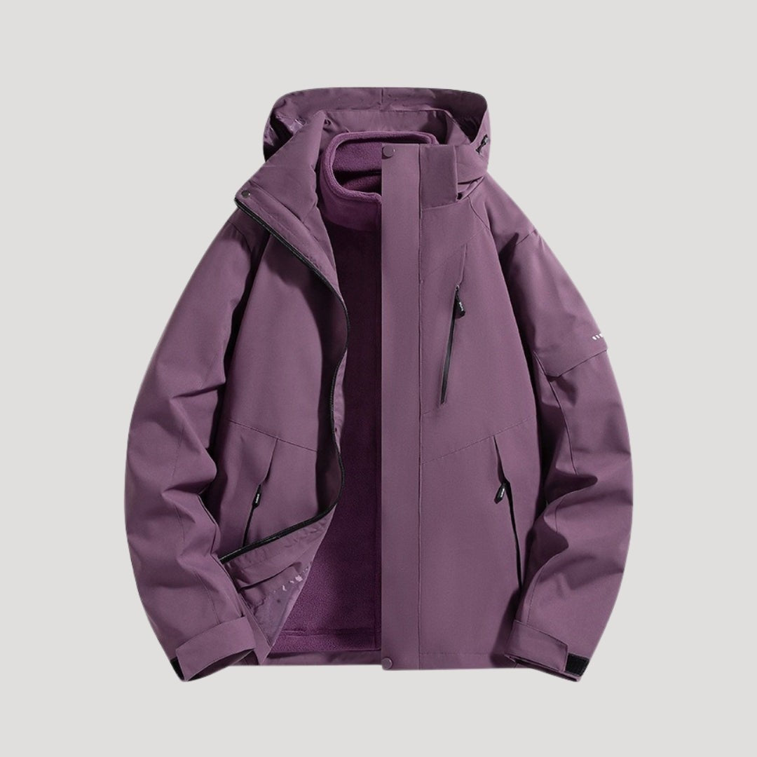 Violette Outdoorjacke mit Kapuze und warmem Fleece-Futter