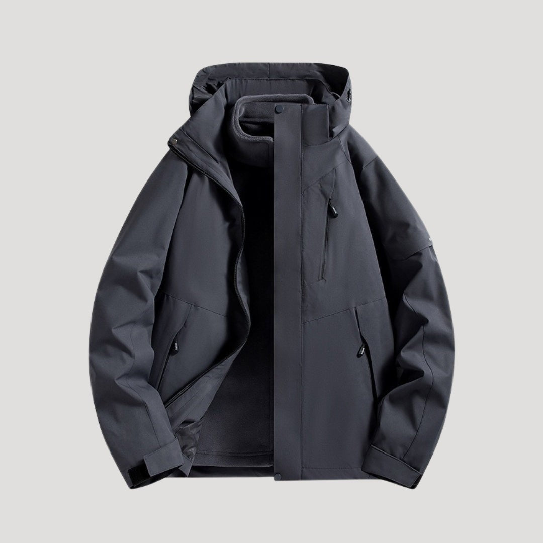 Anthrazitfarbene Windbreaker Jacke mit Kapuze und Fleece-Innenfutter