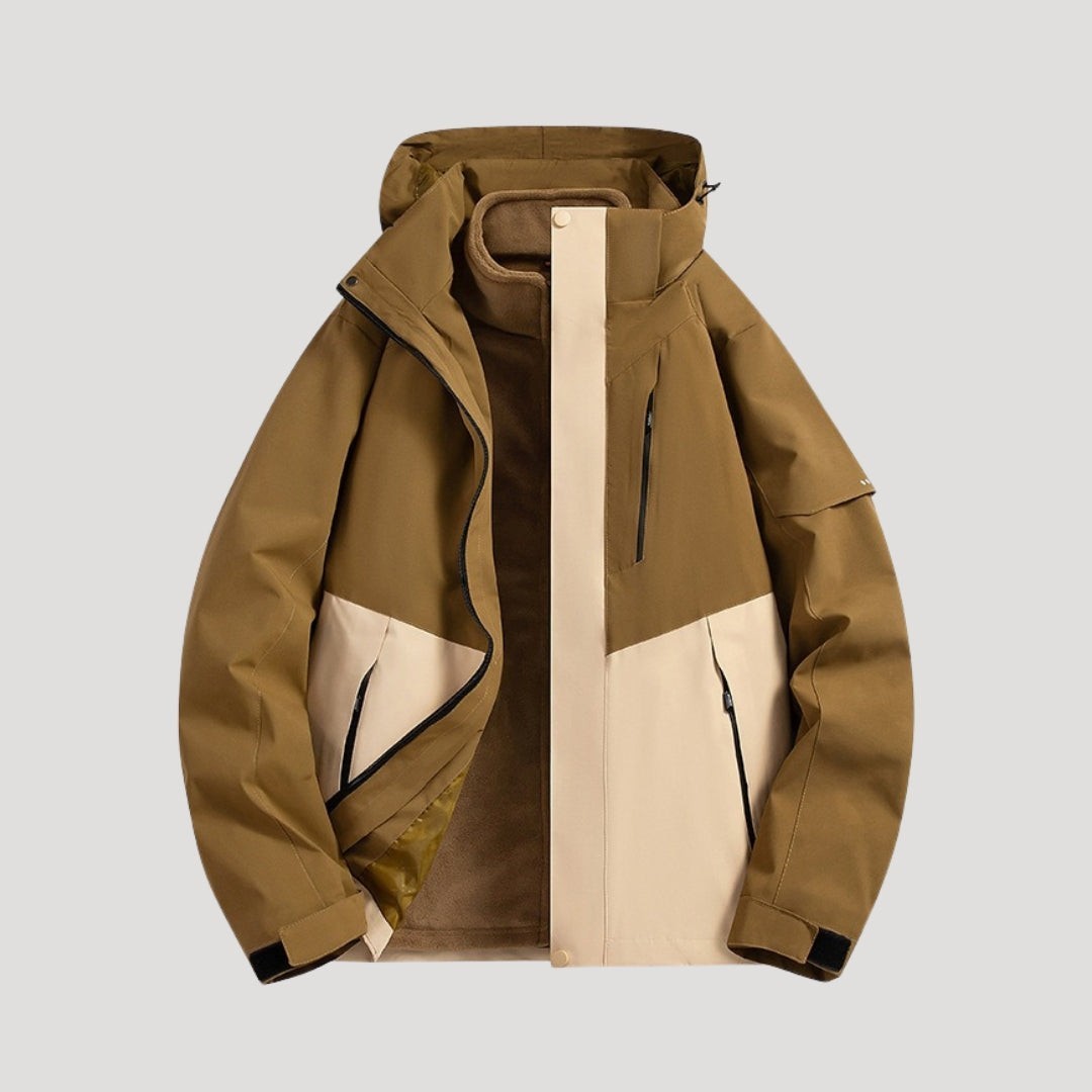 Khaki-beige Colorblock Jacke mit Kapuze und Fleece-Futter