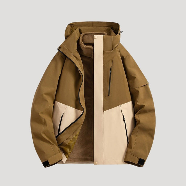Khaki-beige Colorblock Jacke mit Kapuze und Fleece-Futter