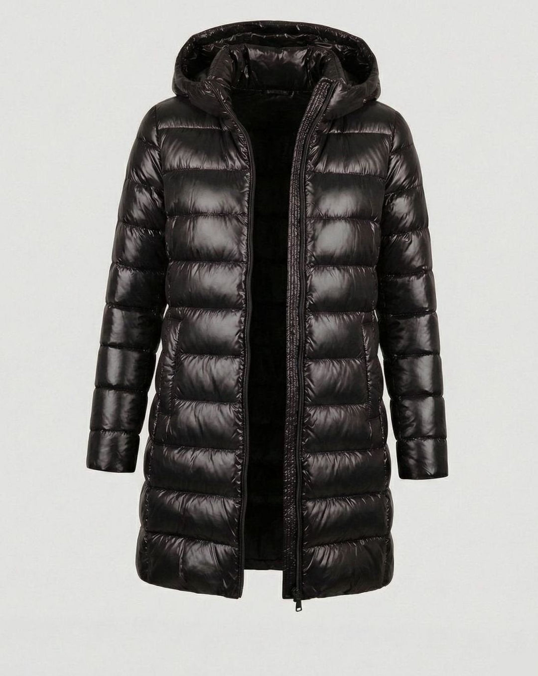 Ultraleichte Winterjacke in Schwarz mit Kapuze und durchgehendem Reißverschluss