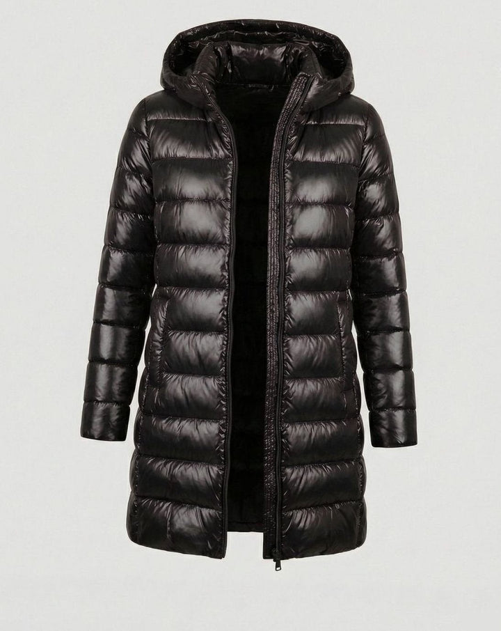 Ultraleichte Winterjacke in Schwarz mit Kapuze und durchgehendem Reißverschluss
