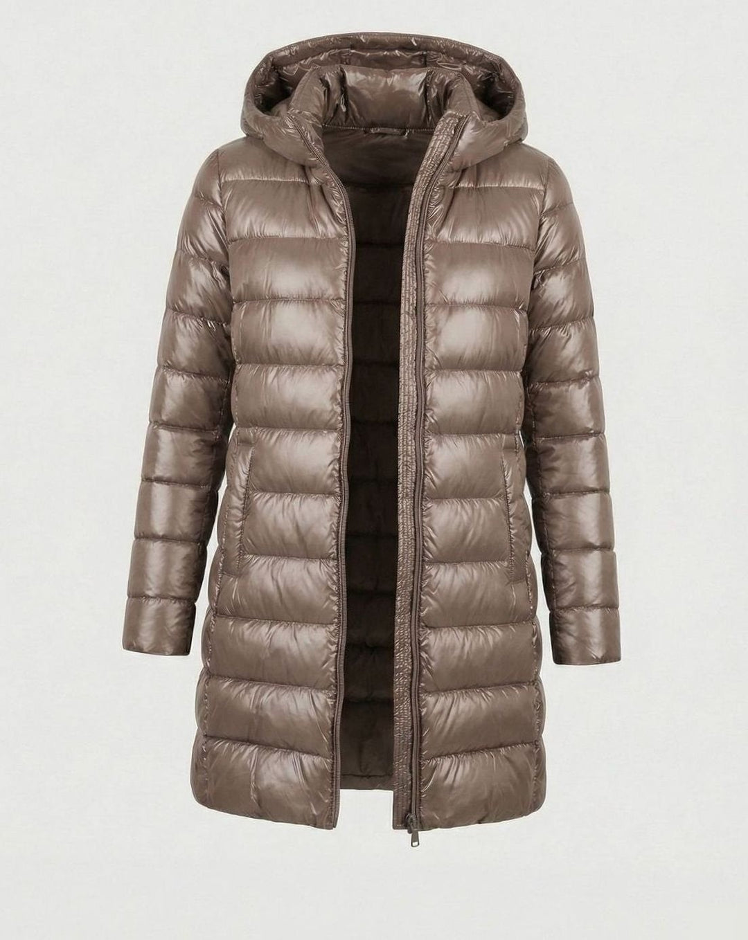 Taupefarbene Damen-Winterjacke mit Kapuze und glänzender Oberfläche