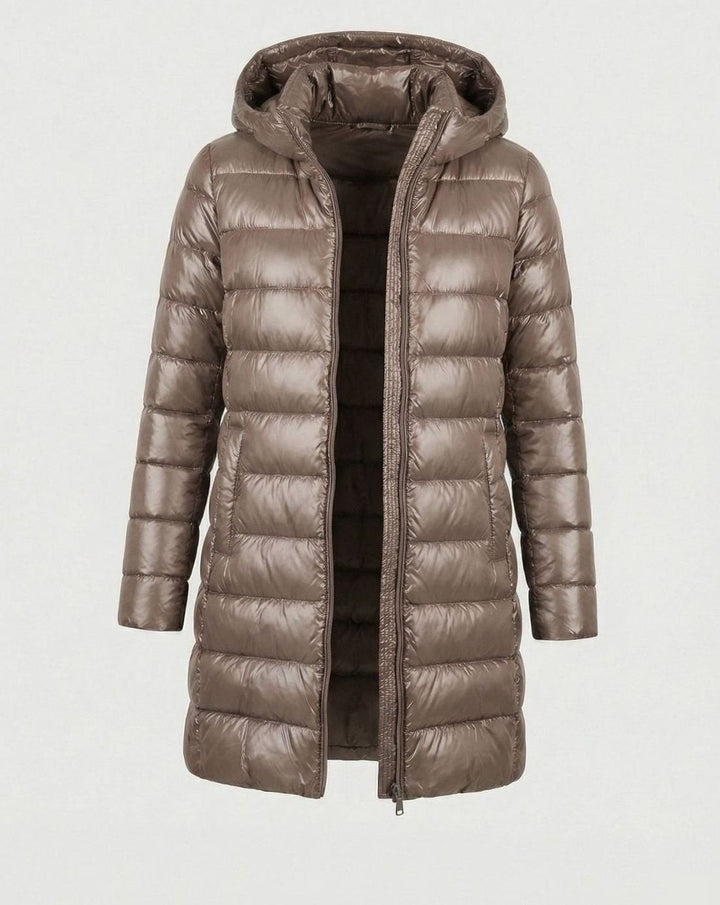 Taupefarbene Damen-Winterjacke mit Kapuze und glänzender Oberfläche