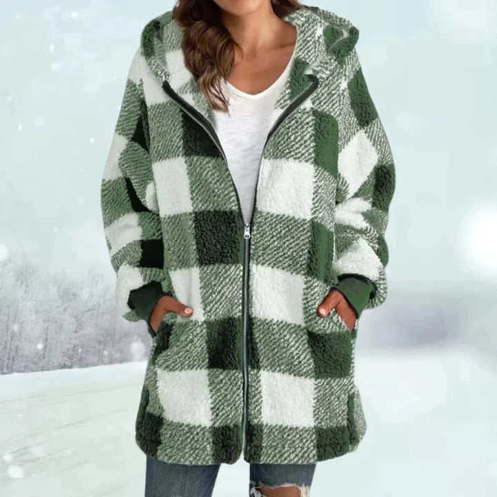 Teddyfleece Winterjacke mit Kapuze in grün-weißem Karomuster
