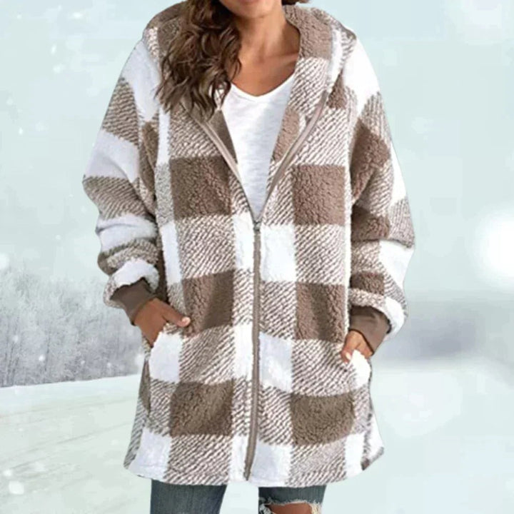 Oversize Kapuzenjacke aus Kunstfell mit beige-weißem Karo
