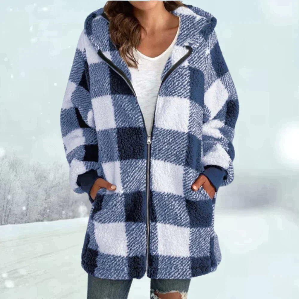 Kunstfell Kapuzenjacke mit blau-weißem Karomuster