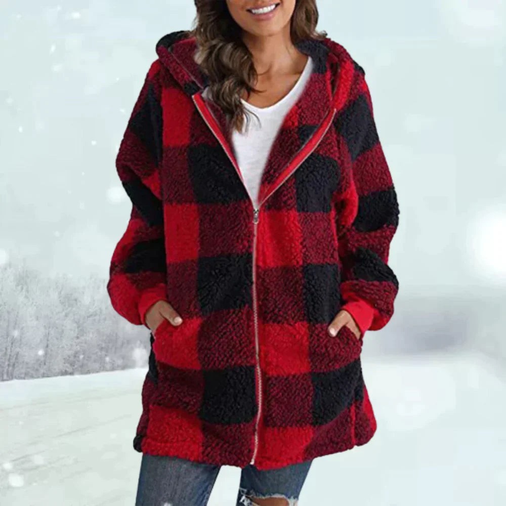 Warme Teddyjacke mit Kapuze in rot-schwarzem Karo