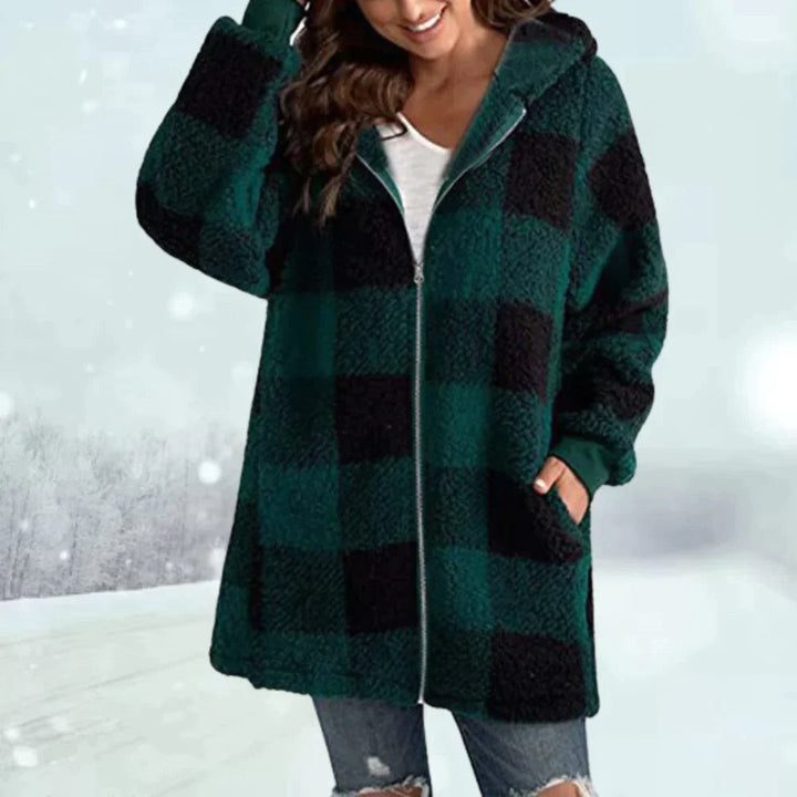 Oversize Winterjacke mit Kapuze in grün-schwarzem Karo