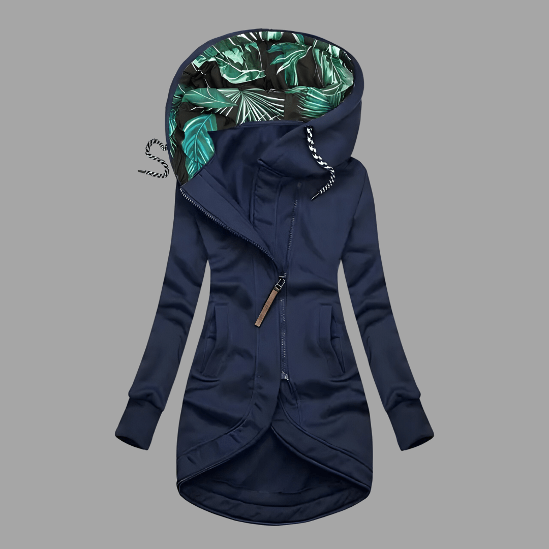 Dunkelblaue Damen-Kapuzenjacke mit tropischem Blattprint-Futter und asymmetrischem Reißverschluss