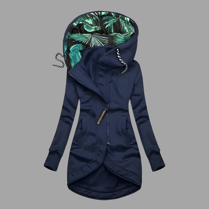 Dunkelblaue Damen-Kapuzenjacke mit tropischem Blattprint-Futter und asymmetrischem Reißverschluss