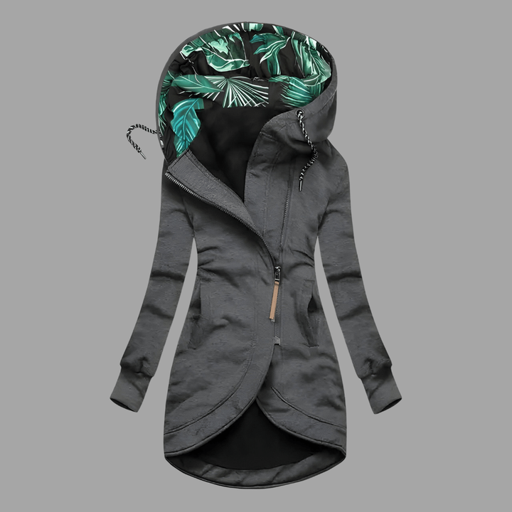 Graue Kapuzenjacke mit grünem Palmenprint-Innenfutter und schrägem Zipper